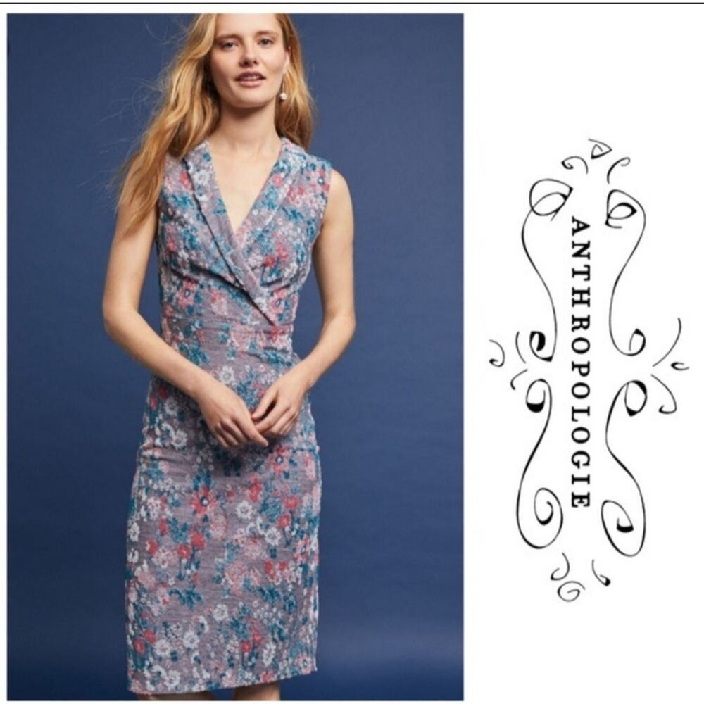Maeve Anthropologie Floral Jacquard Shawl Collar Sheath Dress Blue‎ Pink 0P